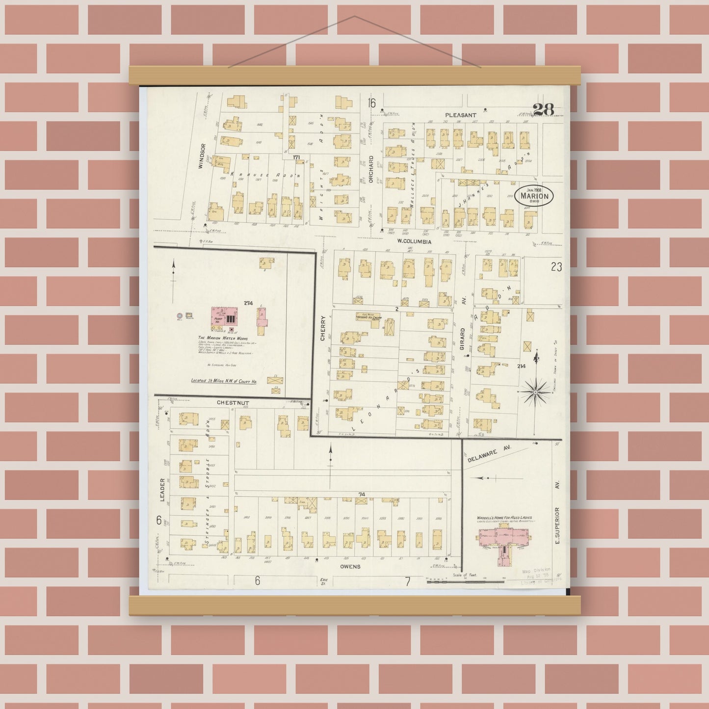 Old map wall art mockup — magnetic wood frame on brick wall — Sanborn Fire Insurance Map from Marion, Marion County, Ohio (1908), Sheet #0028