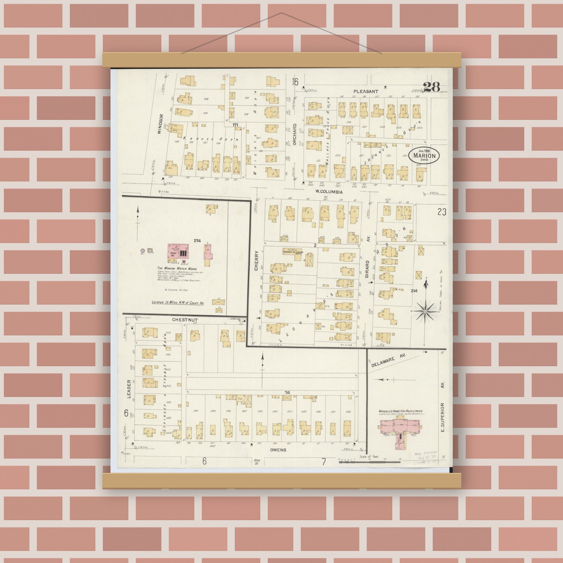 Old map wall art mockup — magnetic wood frame on brick wall — Sanborn Fire Insurance Map from Marion, Marion County, Ohio (1908), Sheet #0028