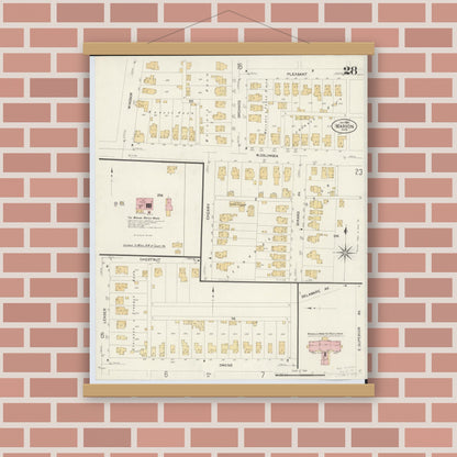 Old map wall art mockup — magnetic wood frame on brick wall — Sanborn Fire Insurance Map from Marion, Marion County, Ohio (1908), Sheet #0028