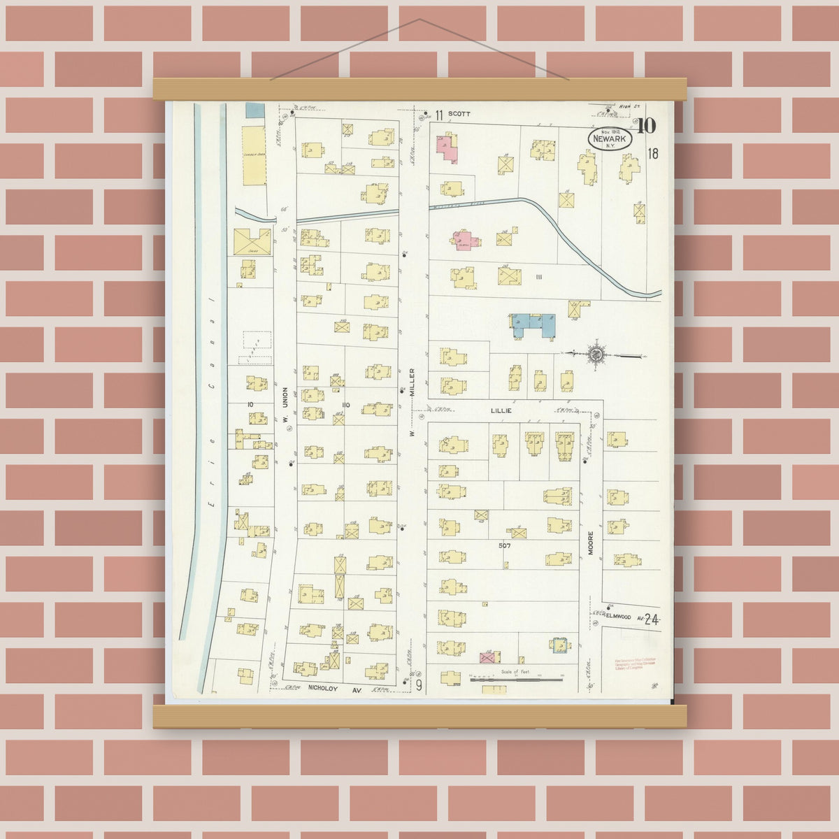 Old map wall art mockup — magnetic wood frame on brick wall — Sanborn Fire Insurance Map from Newark, Wayne County, New York (1912), Sheet #0010