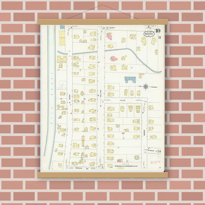 Old map wall art mockup — magnetic wood frame on brick wall — Sanborn Fire Insurance Map from Newark, Wayne County, New York (1912), Sheet #0010