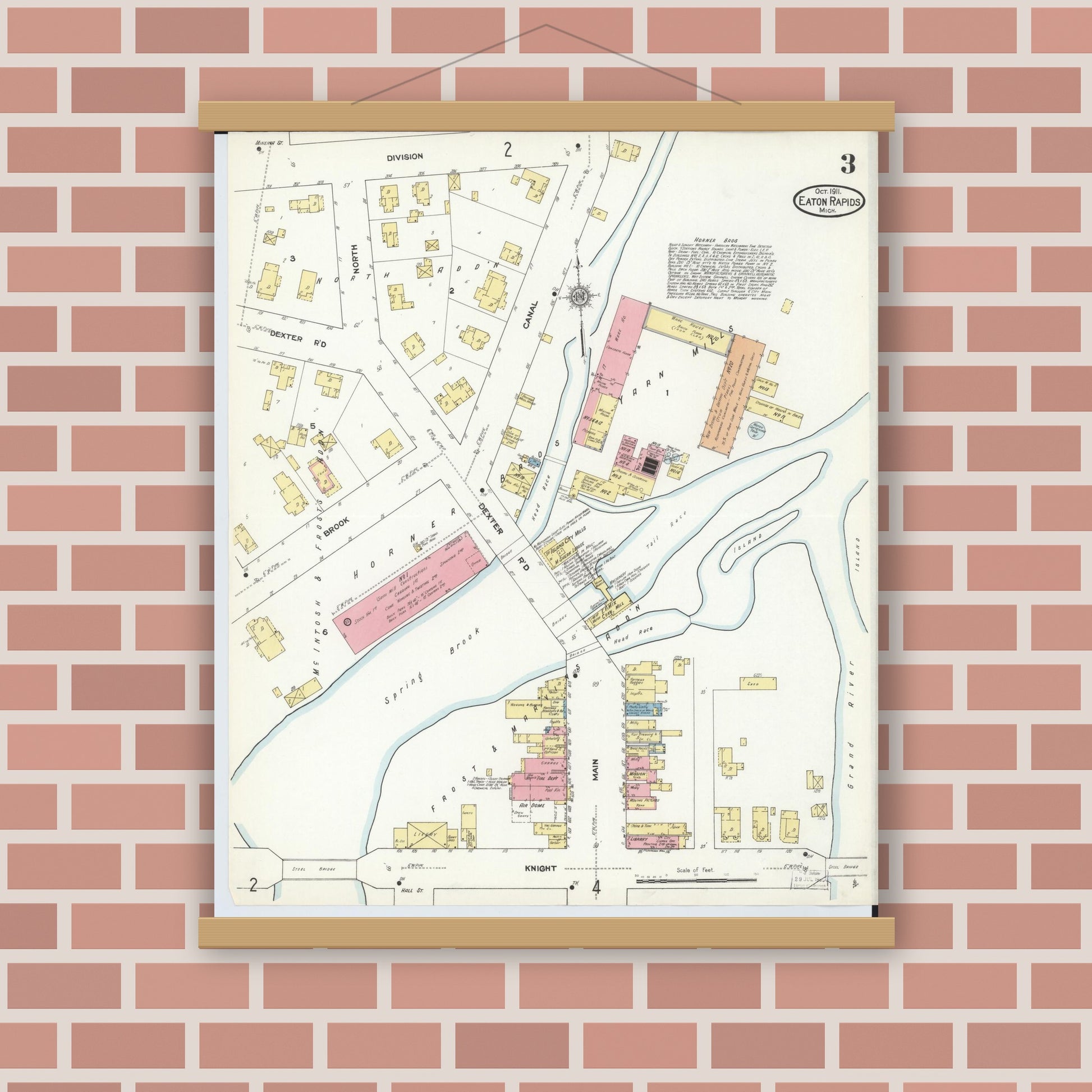 Old map wall art mockup — magnetic wood frame on brick wall — Sanborn Fire Insurance Map from Eaton Rapids, Eaton County, Michigan (1911), Sheet #0003