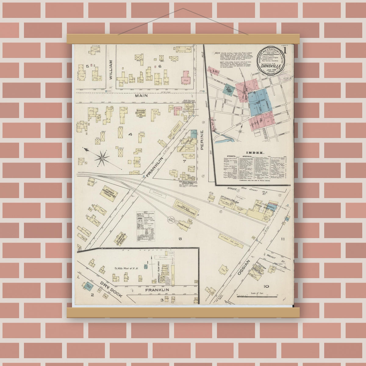 Old map wall art mockup — magnetic wood frame on brick wall — Sanborn Fire Insurance Map from Dansville, Livingston County, New York (1886), Sheet #0001