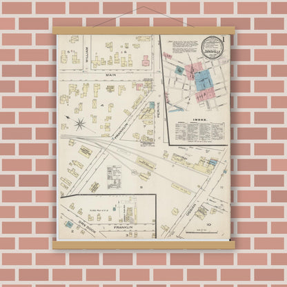 Old map wall art mockup — magnetic wood frame on brick wall — Sanborn Fire Insurance Map from Dansville, Livingston County, New York (1886), Sheet #0001