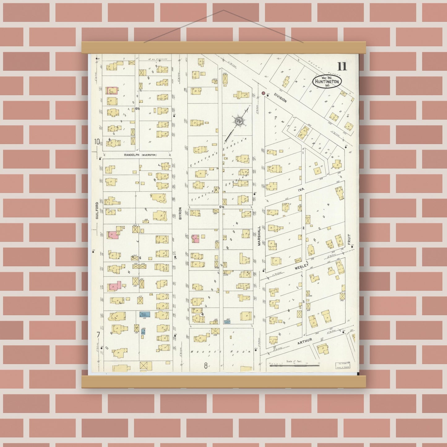 Old map wall art mockup — magnetic wood frame on brick wall — Sanborn Fire Insurance Map from Huntington, Huntington County, Indiana (1912), Sheet #0011