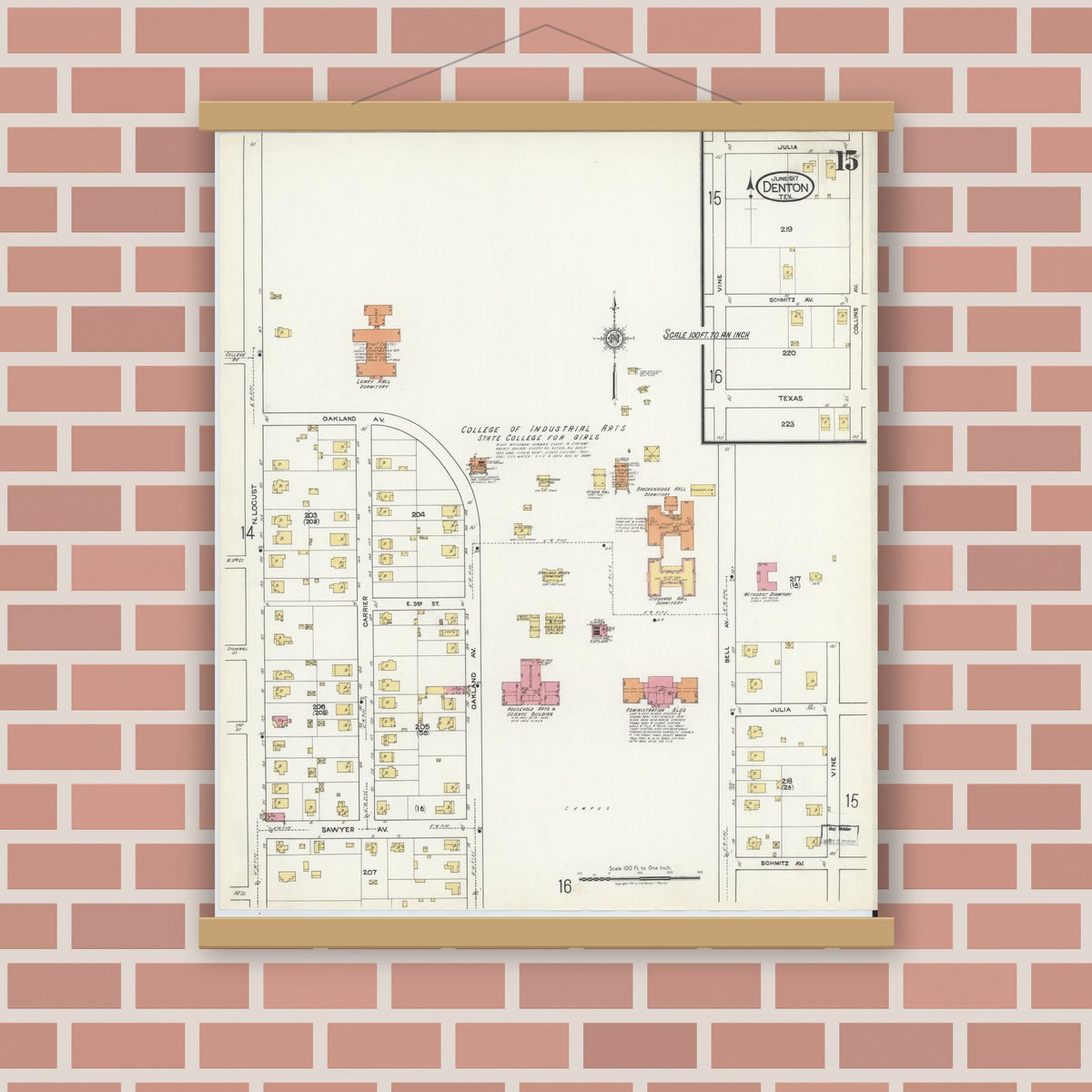 Old map wall art mockup — magnetic wood frame on brick wall — Sanborn Fire Insurance Map from Denton, Denton County, Texas (1917), Sheet #0015