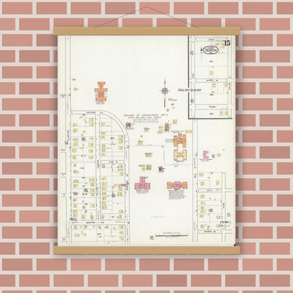 Old map wall art mockup — magnetic wood frame on brick wall — Sanborn Fire Insurance Map from Denton, Denton County, Texas (1917), Sheet #0015