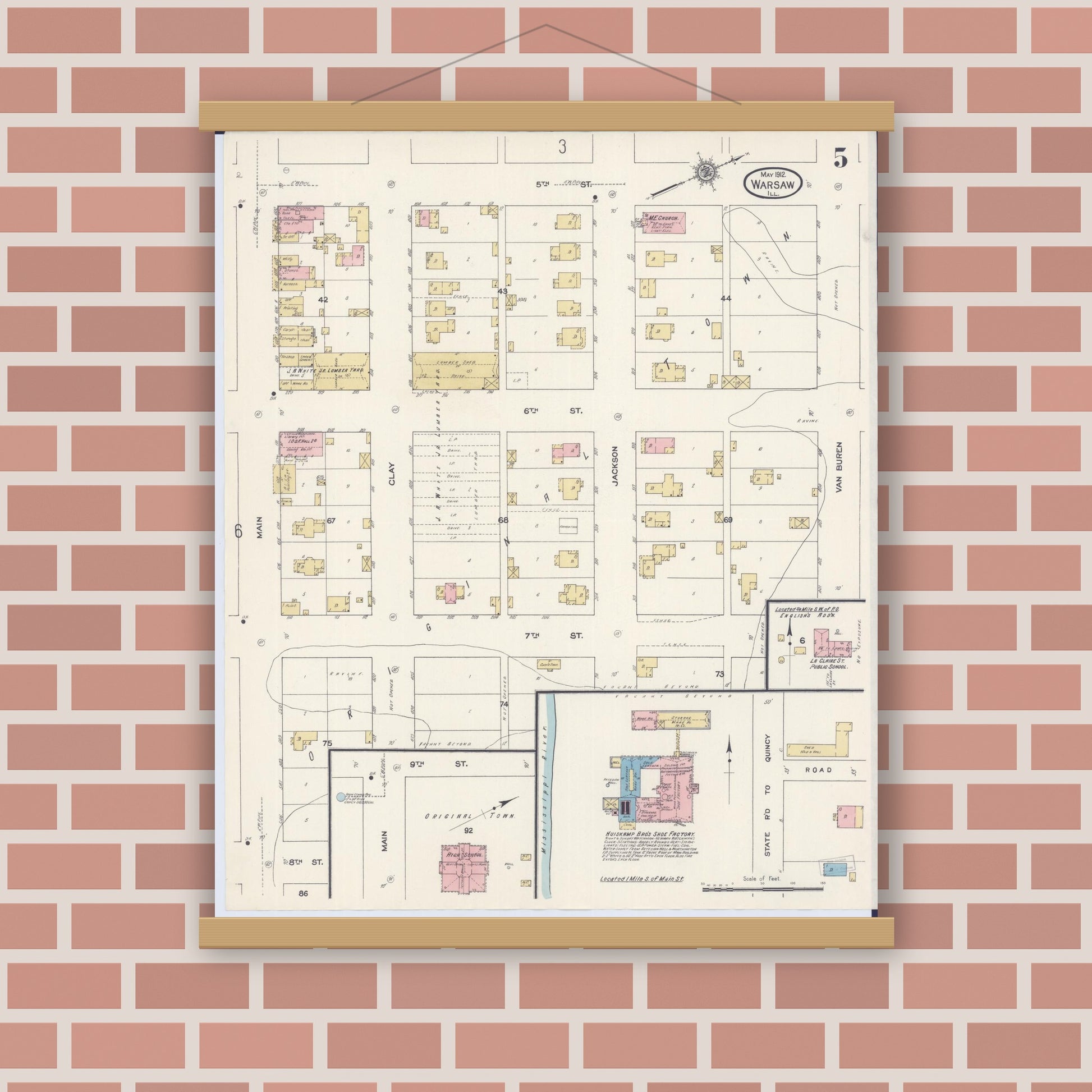Old map wall art mockup — magnetic wood frame on brick wall — Sanborn Fire Insurance Map from Warsaw, Hancock County, Illinois (1912), Sheet #0005