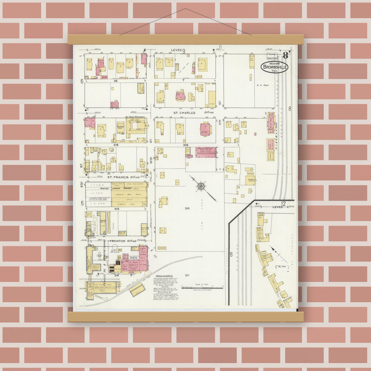 Old map wall art mockup — magnetic wood frame on brick wall — Sanborn Fire Insurance Map from Brownsville, Cameron County, Texas (1919), Sheet #0008