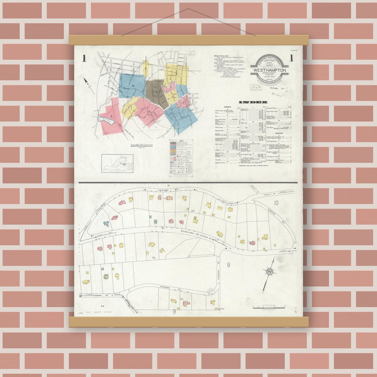 Old map wall art mockup — magnetic wood frame on brick wall — Sanborn Fire Insurance Map from Westhampton, Henrico County, Virginia (1931) - Complete Map Set