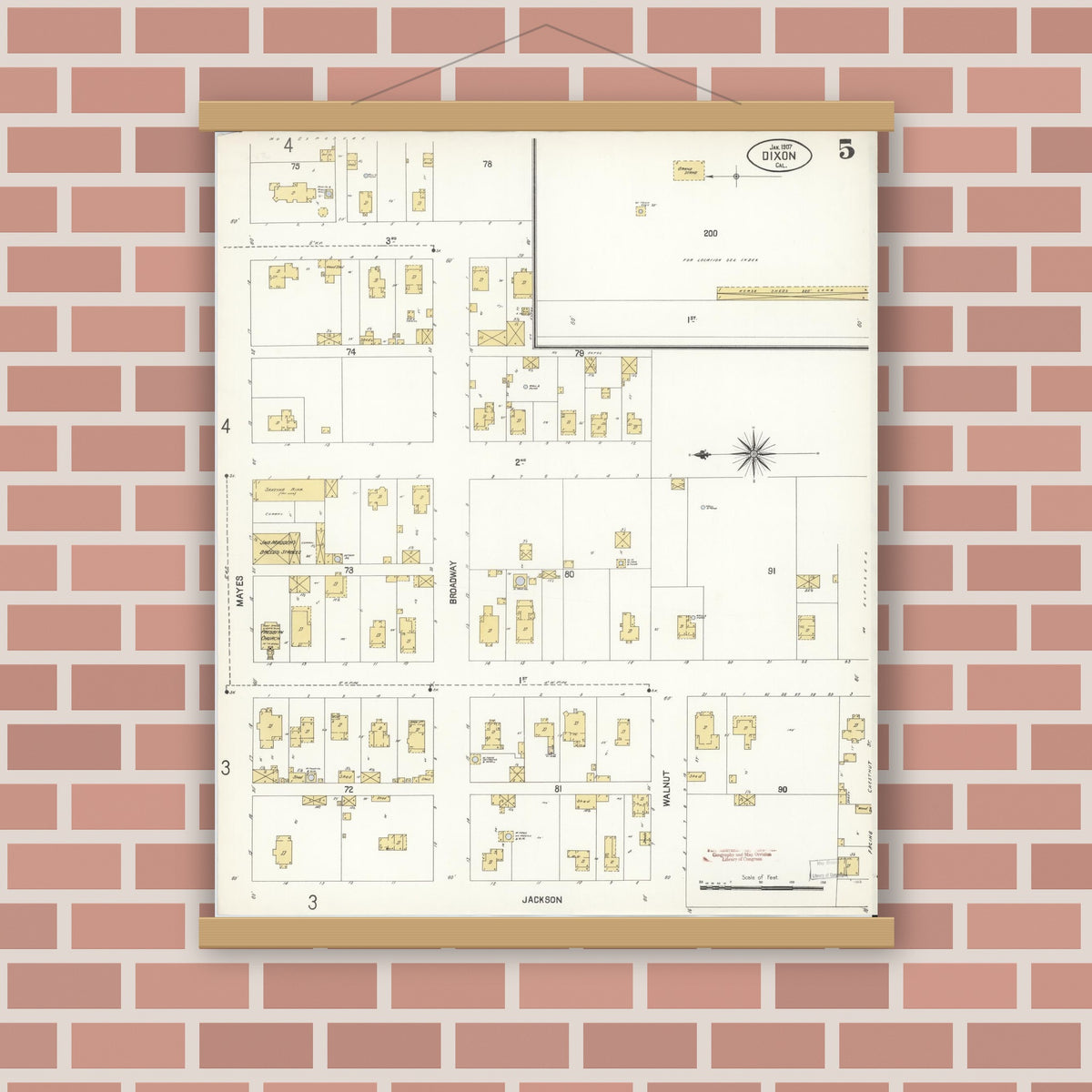 Old map wall art mockup — magnetic wood frame on brick wall — Sanborn Fire Insurance Map from Dixon, Solano County, California (1907), Sheet #0005