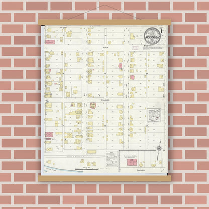 Old map wall art mockup — magnetic wood frame on brick wall — Sanborn Fire Insurance Map from Jacksonville, Athens County, Ohio (1913), Sheet #0001