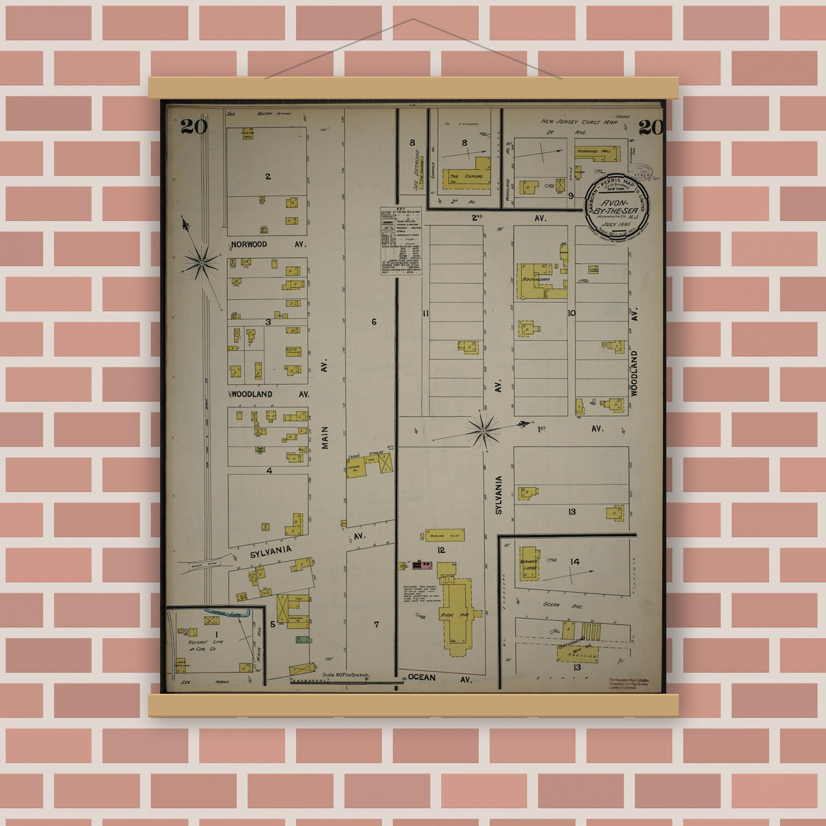Old map wall art mockup — magnetic wood frame on brick wall — Sanborn Fire Insurance Map from New Jersey Coast, New Jersey Coast, New Jersey (1890), Sheet #0020