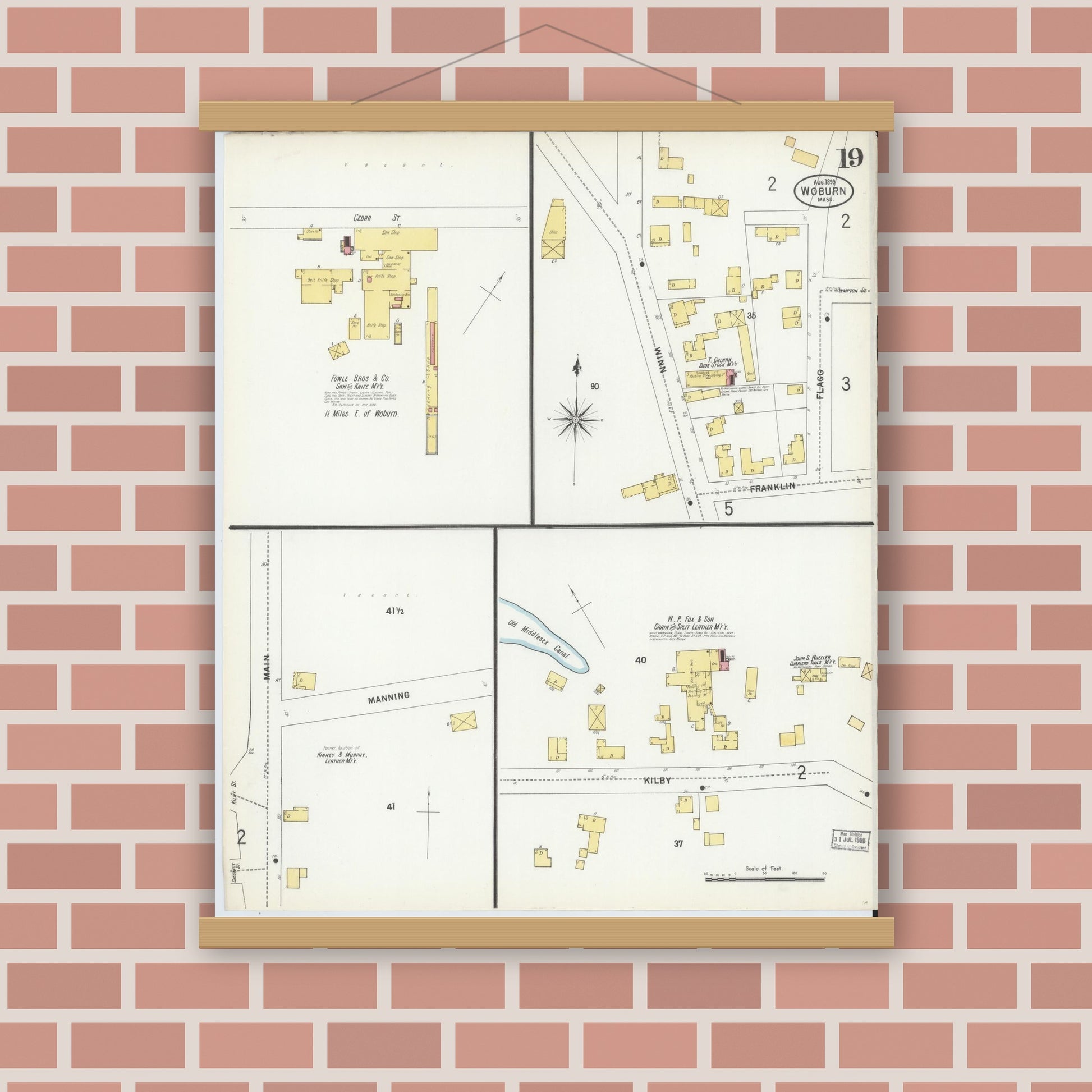 Old map wall art mockup — magnetic wood frame on brick wall — Sanborn Fire Insurance Map from Woburn, Middlesex County, Massachusetts (1899), Sheet #0019