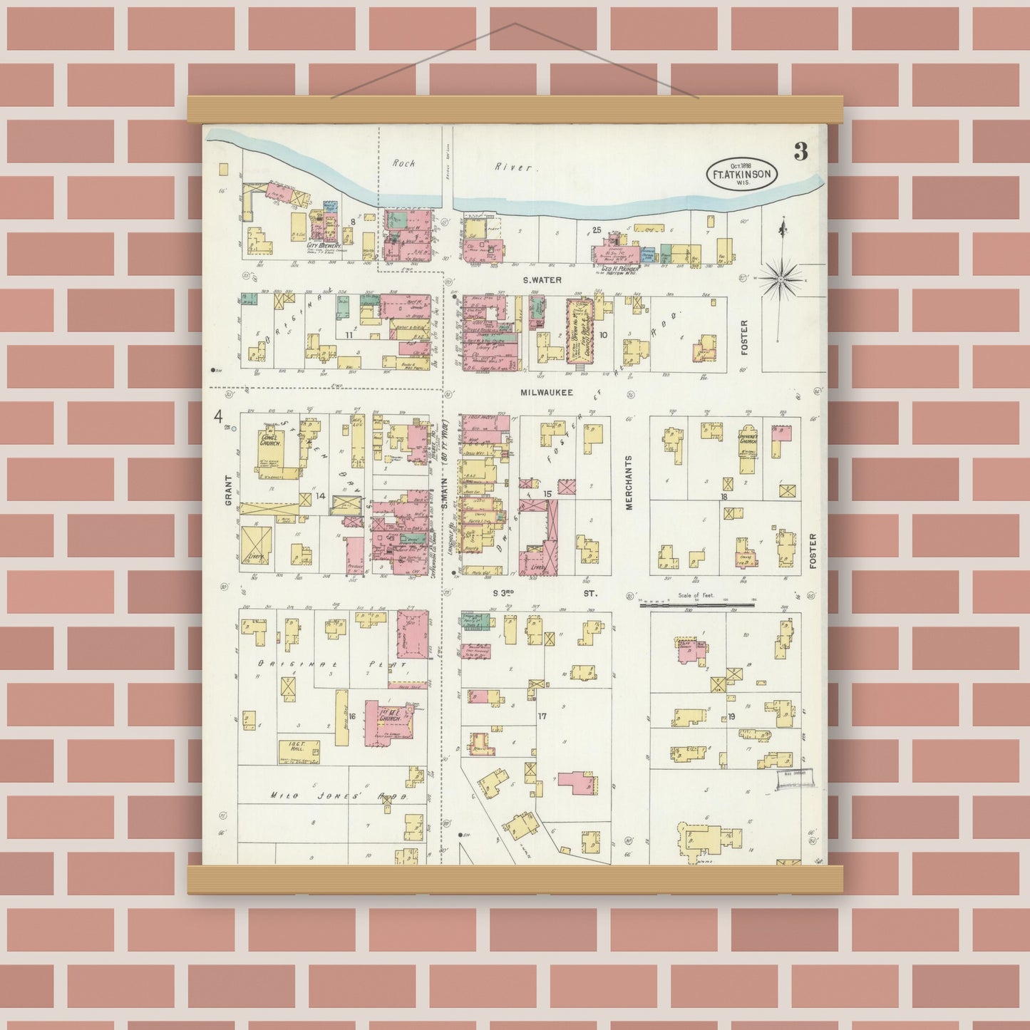 Old map wall art mockup — magnetic wood frame on brick wall — Sanborn Fire Insurance Map from Fort Atkinson, Jefferson County, Wisconsin (1898), Sheet #0003