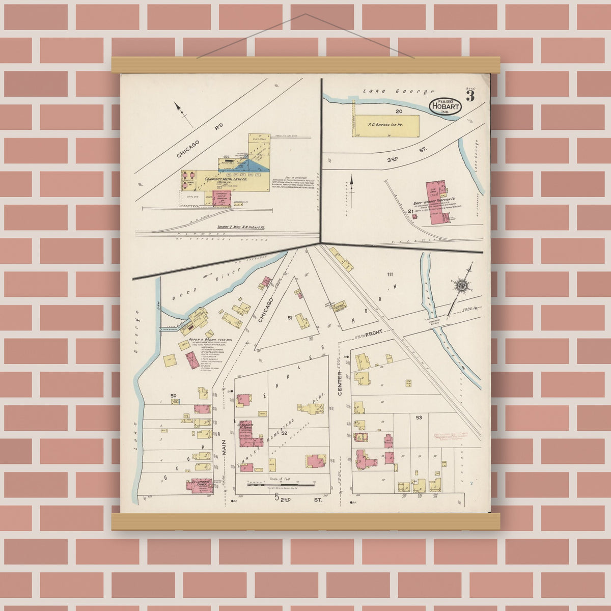 Old map wall art mockup — magnetic wood frame on brick wall — Sanborn Fire Insurance Map from Hobart, Lake County, Indiana (1922), Sheet #0003
