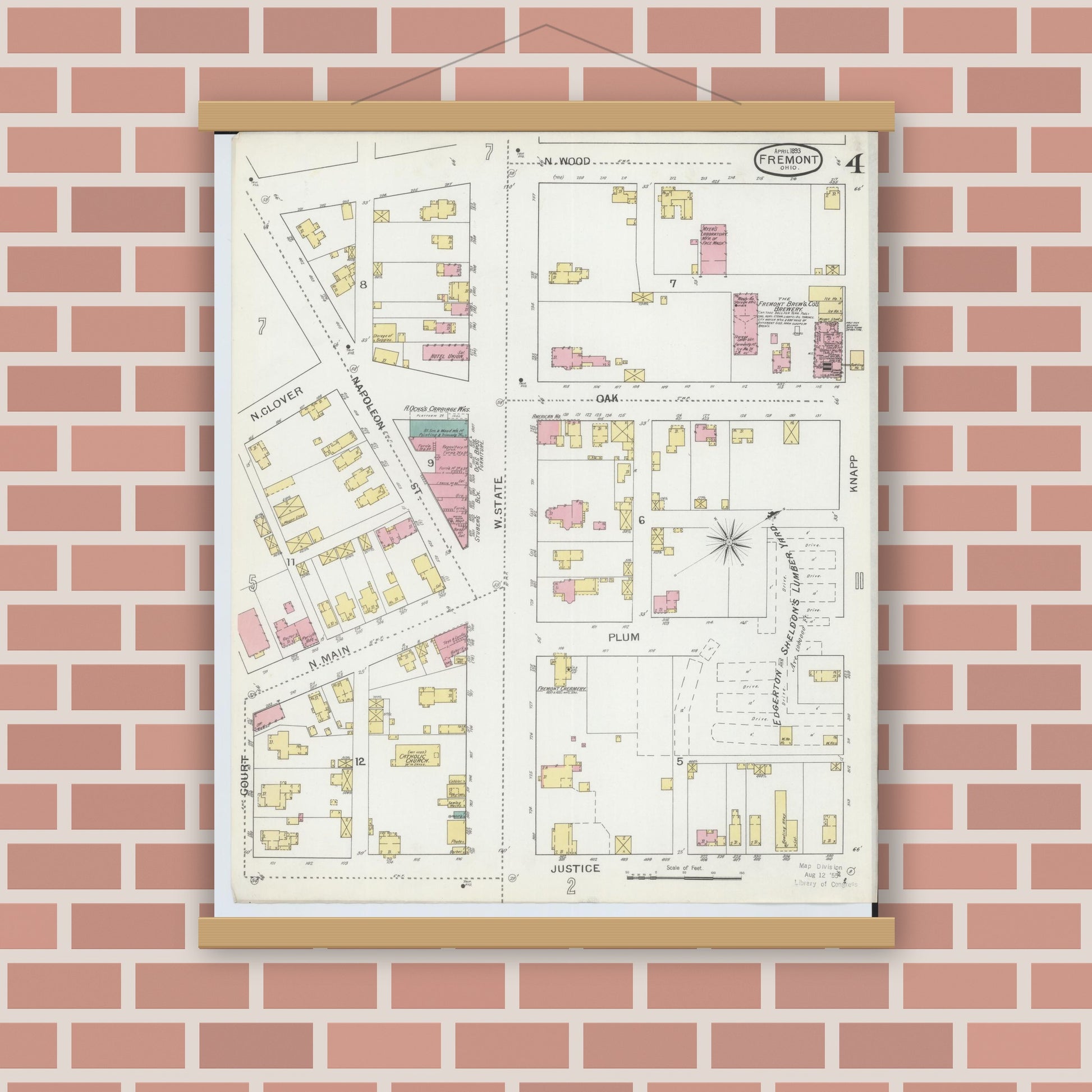 Old map wall art mockup — magnetic wood frame on brick wall — Sanborn Fire Insurance Map from Fremont, Sandusky County, Ohio (1893), Sheet #0004
