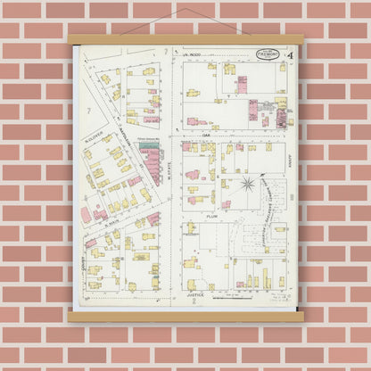 Old map wall art mockup — magnetic wood frame on brick wall — Sanborn Fire Insurance Map from Fremont, Sandusky County, Ohio (1893), Sheet #0004