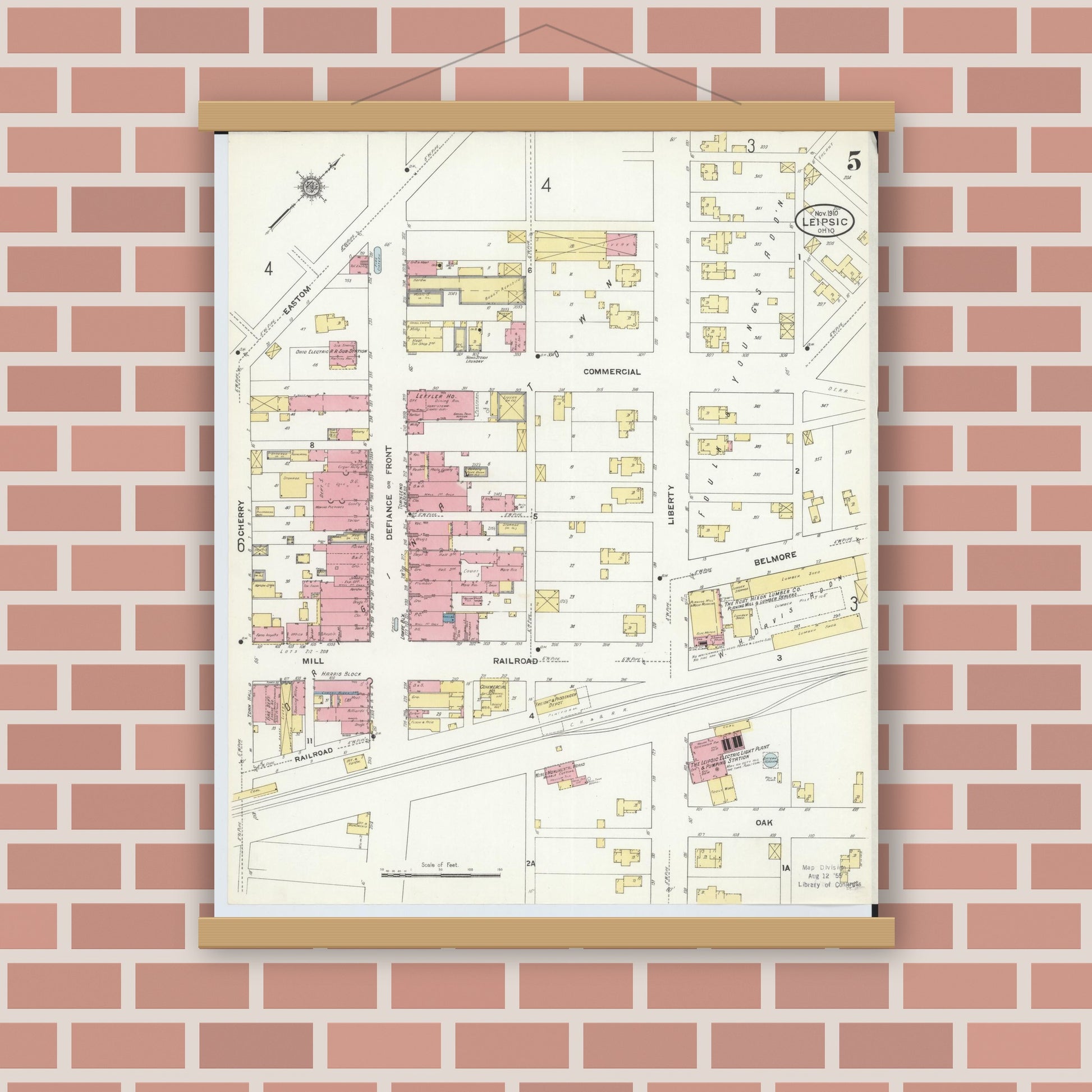 Old map wall art mockup — magnetic wood frame on brick wall — Sanborn Fire Insurance Map from Leipsic, Putnam County, Ohio (1910), Sheet #0005