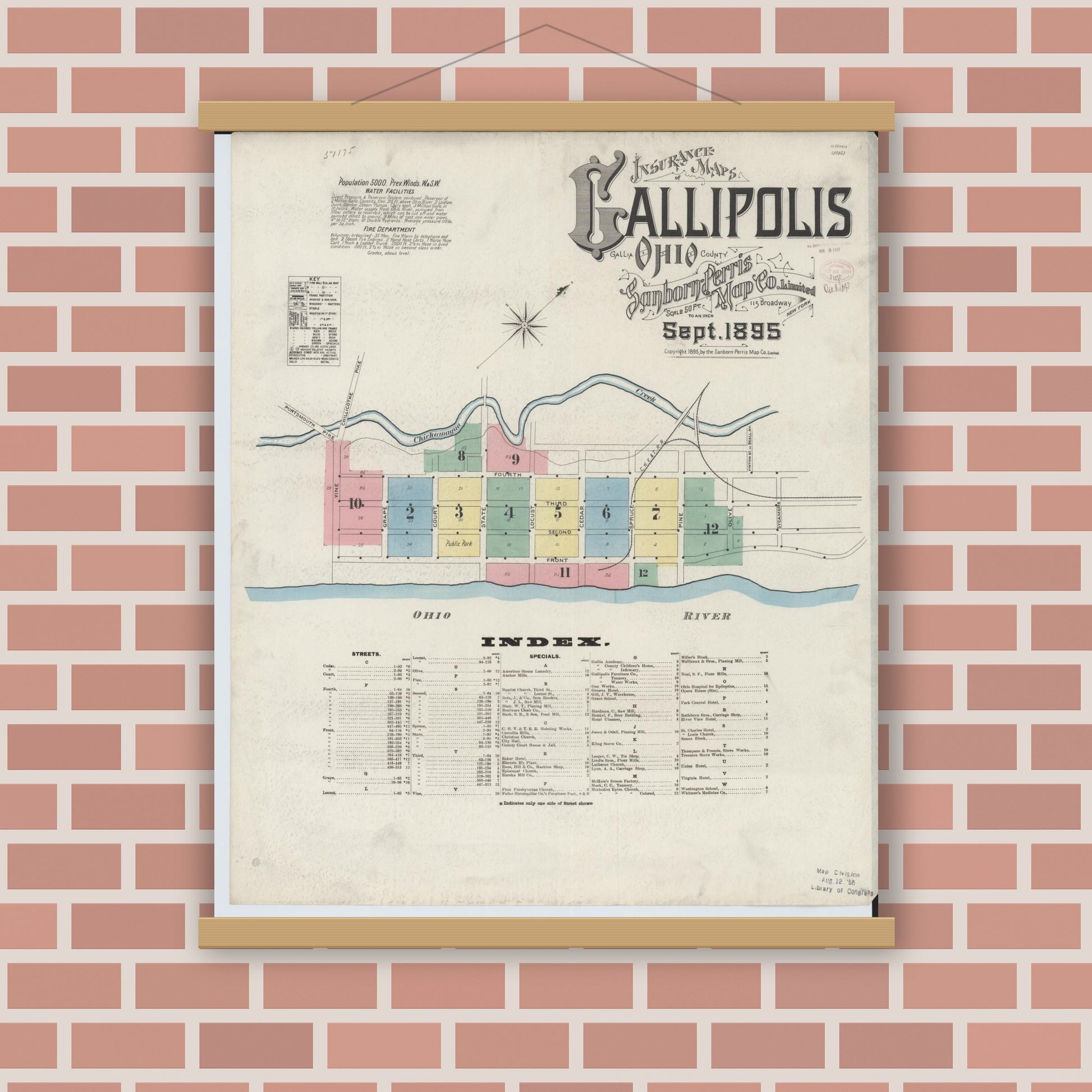 Old map wall art mockup — magnetic wood frame on brick wall — Sanborn Fire Insurance Map from Gallipolis, Gallia County, Ohio (1895) - Complete Map Set