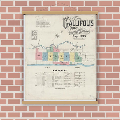 Old map wall art mockup — magnetic wood frame on brick wall — Sanborn Fire Insurance Map from Gallipolis, Gallia County, Ohio (1895) - Complete Map Set