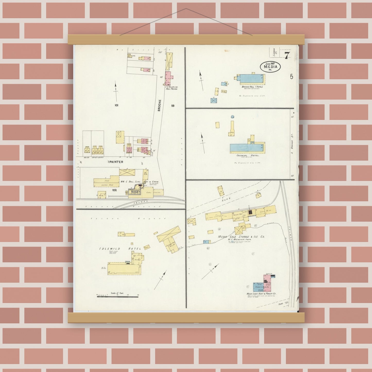 Old map wall art mockup — magnetic wood frame on brick wall — Sanborn Fire Insurance Map from Media, Delaware County, Pennsylvania (1907), Sheet #0007