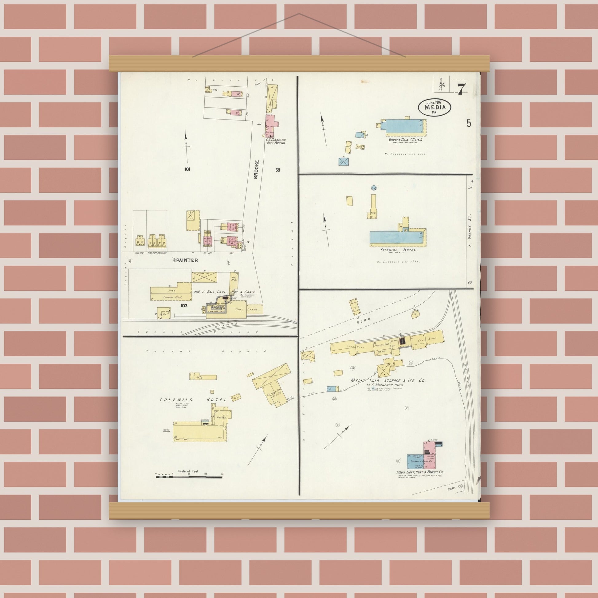 Old map wall art mockup — magnetic wood frame on brick wall — Sanborn Fire Insurance Map from Media, Delaware County, Pennsylvania (1907), Sheet #0007