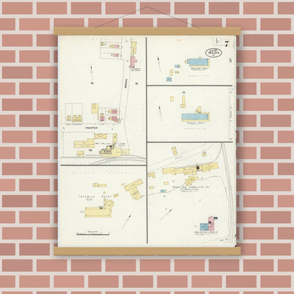 Old map wall art mockup — magnetic wood frame on brick wall — Sanborn Fire Insurance Map from Media, Delaware County, Pennsylvania (1907), Sheet #0007