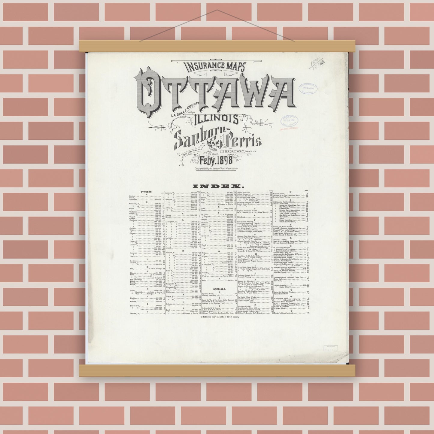 Old map wall art mockup — magnetic wood frame on brick wall — Sanborn Fire Insurance Map from Ottawa, La Salle County, Illinois (1898), Sheet #0001