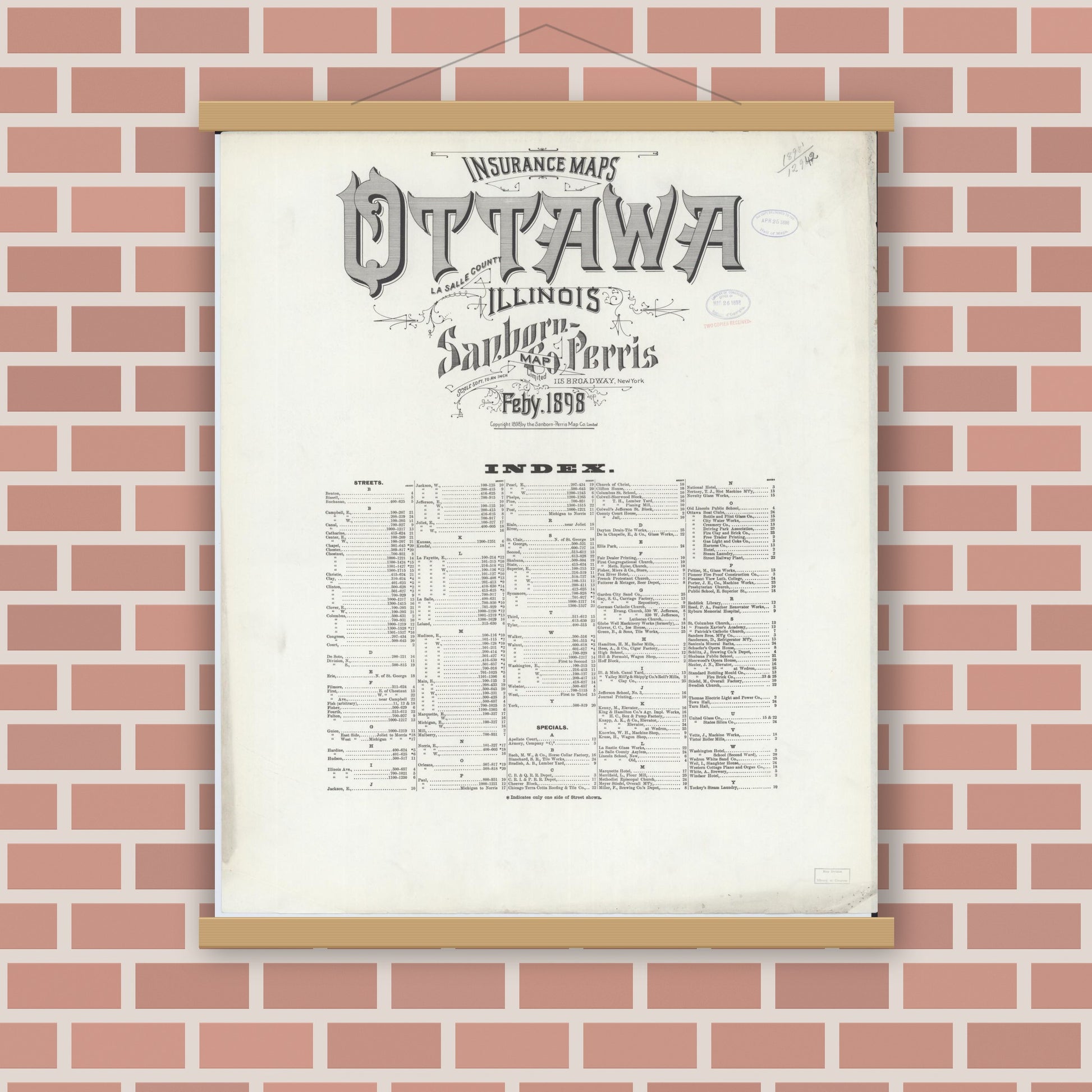 Old map wall art mockup — magnetic wood frame on brick wall — Sanborn Fire Insurance Map from Ottawa, La Salle County, Illinois (1898), Sheet #0001