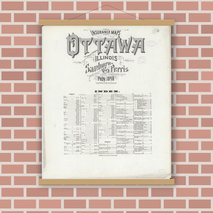 Old map wall art mockup — magnetic wood frame on brick wall — Sanborn Fire Insurance Map from Ottawa, La Salle County, Illinois (1898), Sheet #0001