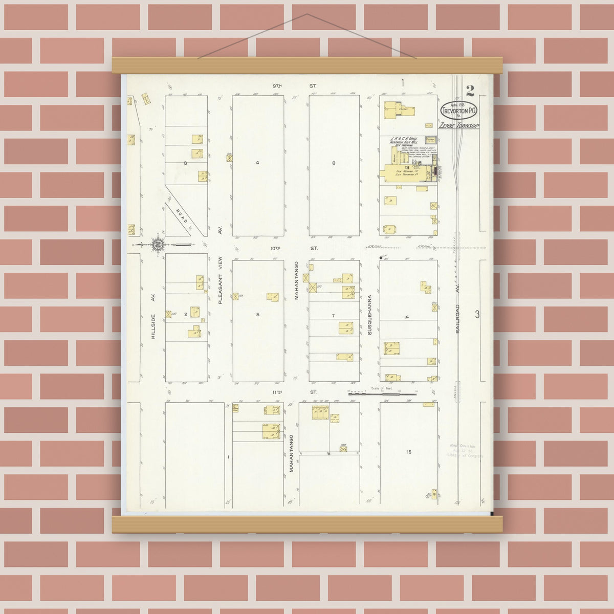 Old map wall art mockup — magnetic wood frame on brick wall — Sanborn Fire Insurance Map from Trevorton Post Office, Northumberland County, Pennsylvania (1913), Sheet #0002
