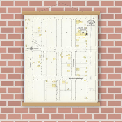 Old map wall art mockup — magnetic wood frame on brick wall — Sanborn Fire Insurance Map from Trevorton Post Office, Northumberland County, Pennsylvania (1913), Sheet #0002