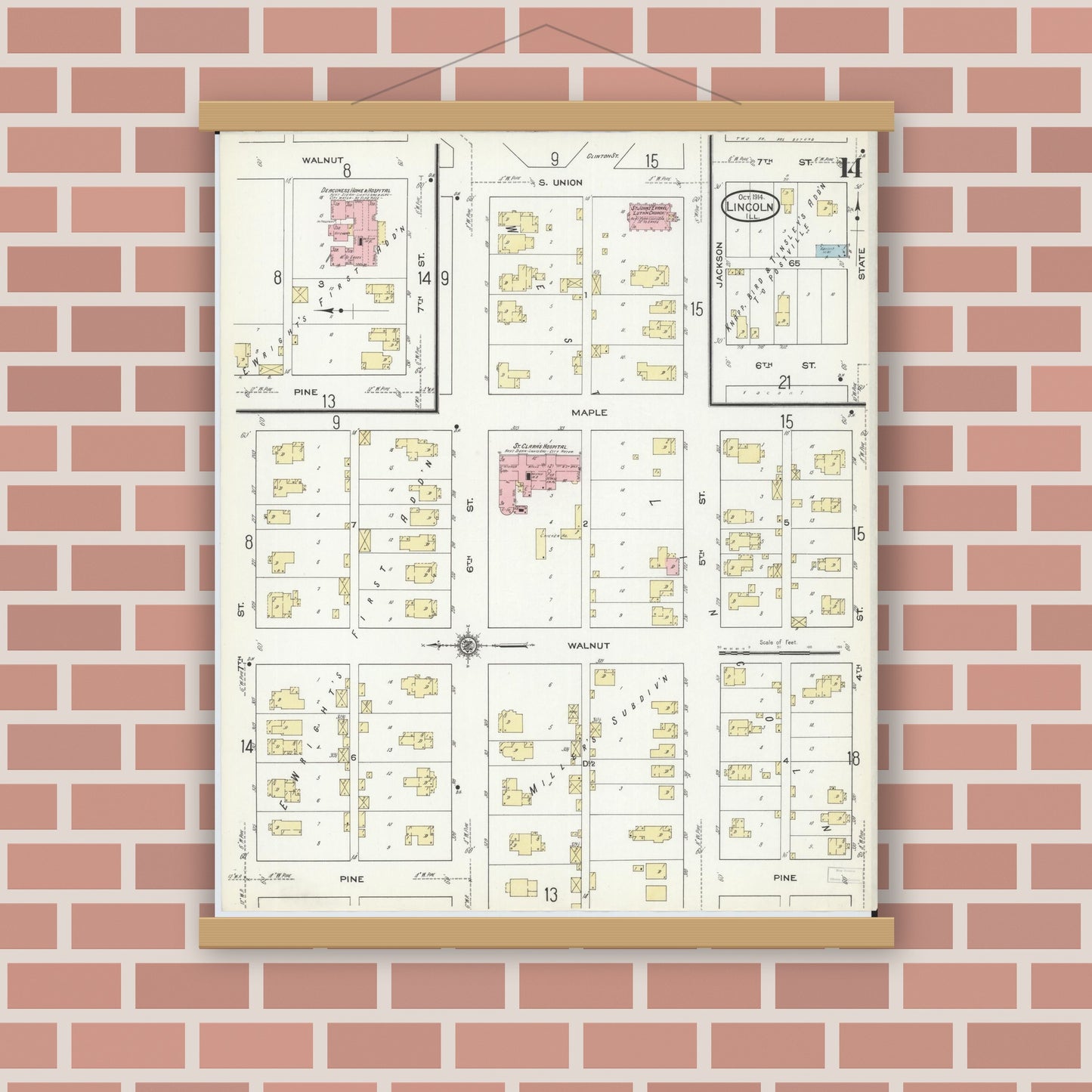 Old map wall art mockup — magnetic wood frame on brick wall — Sanborn Fire Insurance Map from Lincoln, Logan County, Illinois (1914), Sheet #0014