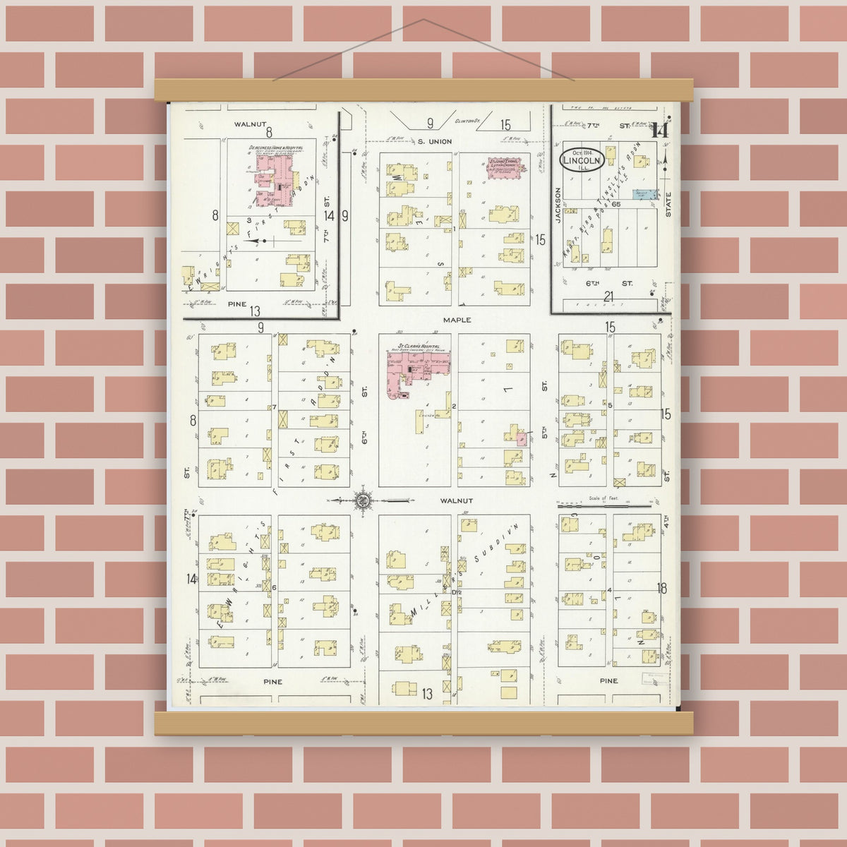 Old map wall art mockup — magnetic wood frame on brick wall — Sanborn Fire Insurance Map from Lincoln, Logan County, Illinois (1914), Sheet #0014