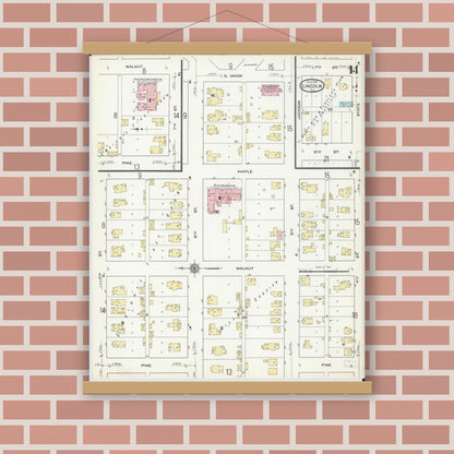 Old map wall art mockup — magnetic wood frame on brick wall — Sanborn Fire Insurance Map from Lincoln, Logan County, Illinois (1914), Sheet #0014
