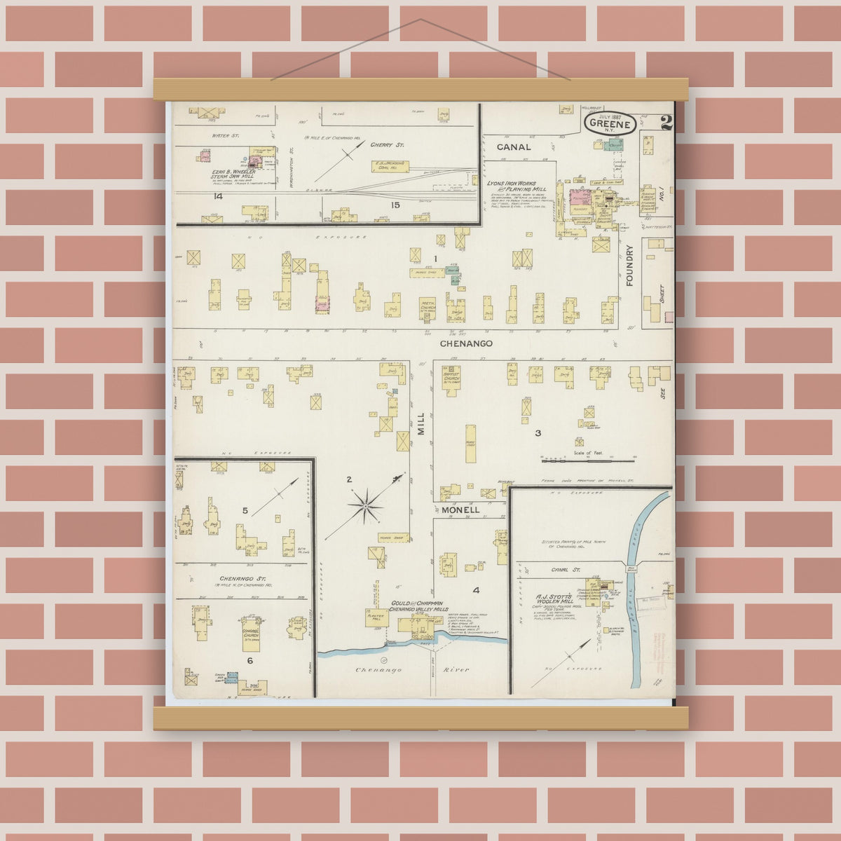 Old map wall art mockup — magnetic wood frame on brick wall — Sanborn Fire Insurance Map from Greene, Chenango County, New York (1887), Sheet #0002