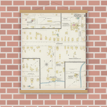 Old map wall art mockup — magnetic wood frame on brick wall — Sanborn Fire Insurance Map from Greene, Chenango County, New York (1887), Sheet #0002