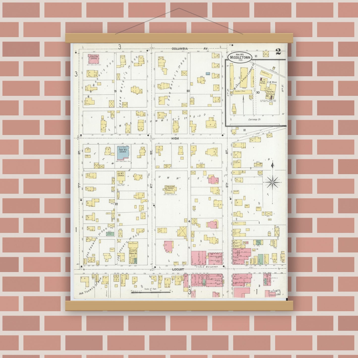 Old map wall art mockup — magnetic wood frame on brick wall — Sanborn Fire Insurance Map from Middletown, Henry County, Indiana (1902), Sheet #0002