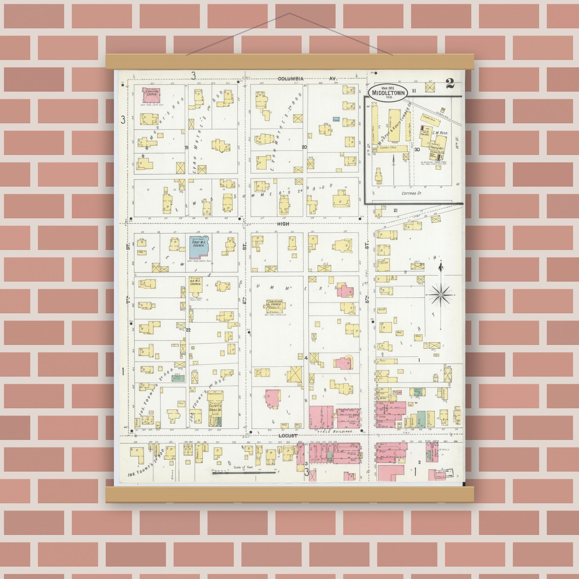 Old map wall art mockup — magnetic wood frame on brick wall — Sanborn Fire Insurance Map from Middletown, Henry County, Indiana (1902), Sheet #0002