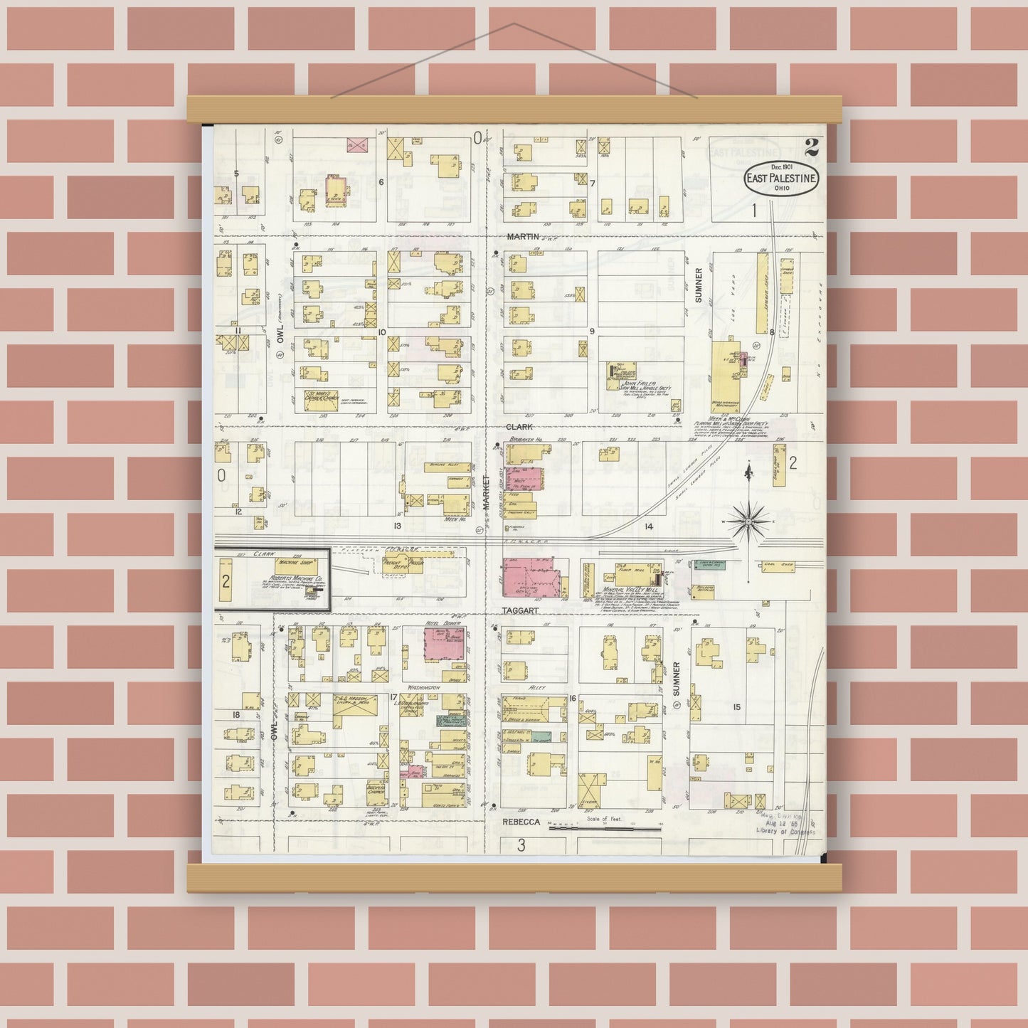 Old map wall art mockup — magnetic wood frame on brick wall — Sanborn Fire Insurance Map from East Palestine, Columbiana County, Ohio (1901), Sheet #0002