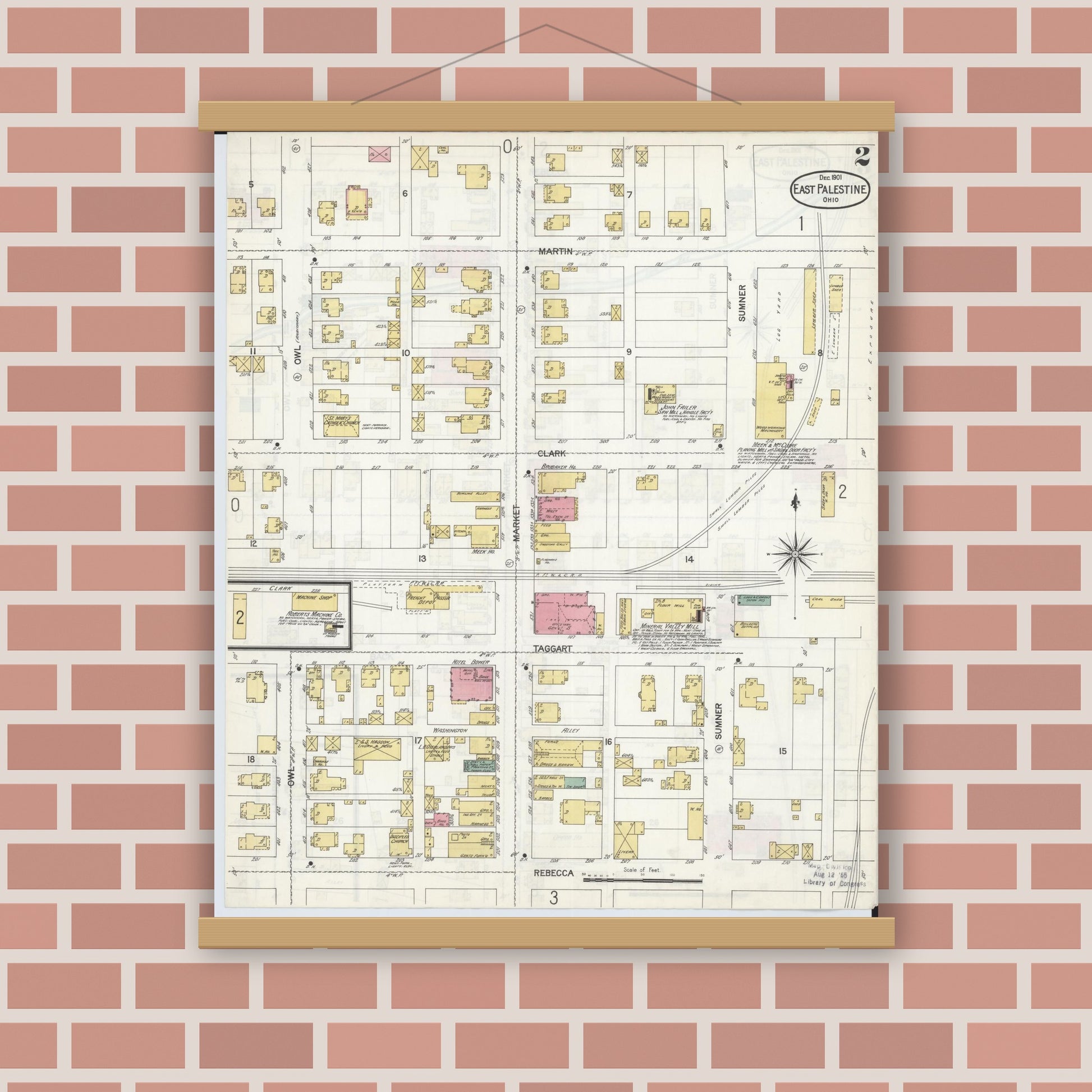 Old map wall art mockup — magnetic wood frame on brick wall — Sanborn Fire Insurance Map from East Palestine, Columbiana County, Ohio (1901), Sheet #0002
