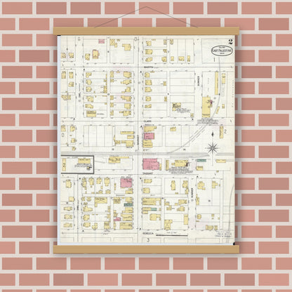 Old map wall art mockup — magnetic wood frame on brick wall — Sanborn Fire Insurance Map from East Palestine, Columbiana County, Ohio (1901), Sheet #0002