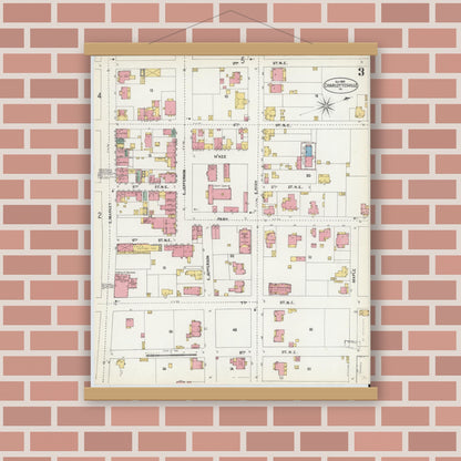 Old map wall art mockup — magnetic wood frame on brick wall — Sanborn Fire Insurance Map from Charlottesville, Independent Cities, Virginia (1902), Sheet #0003