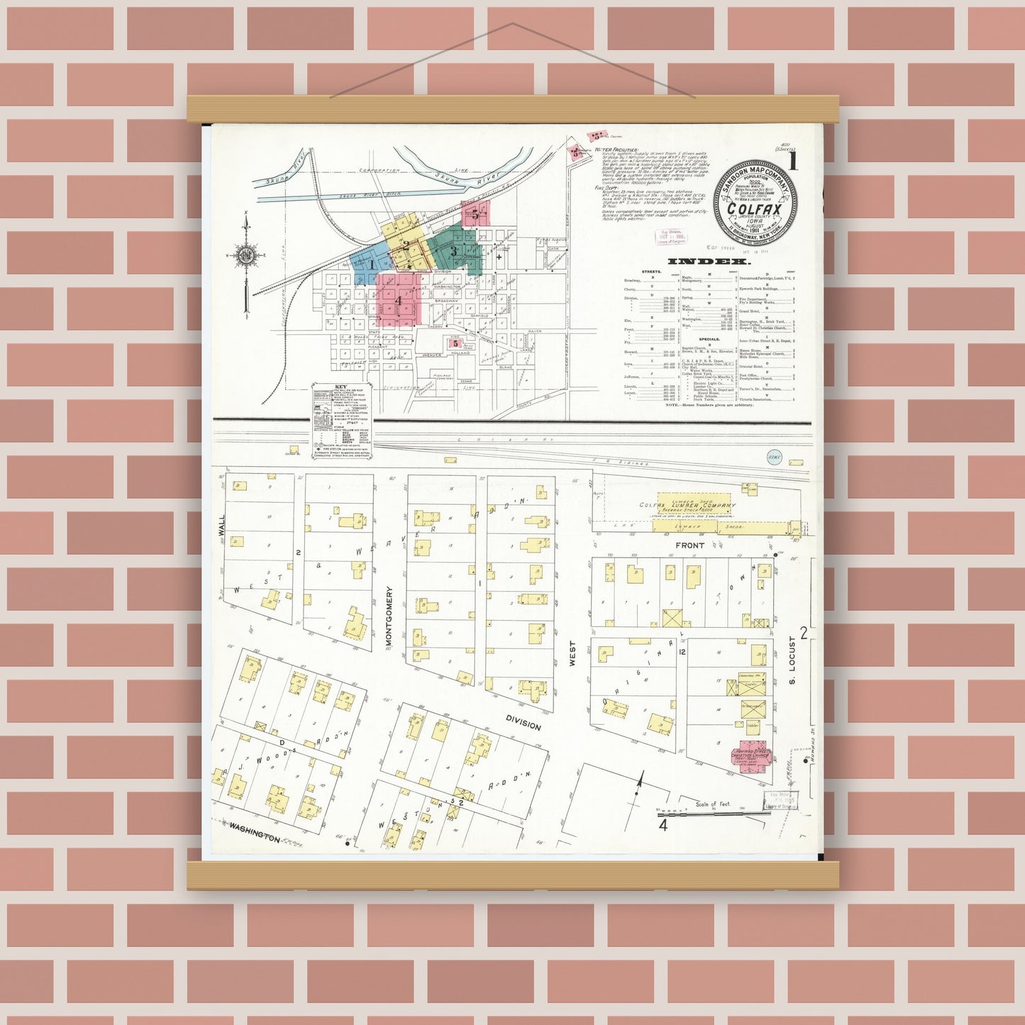 Old map wall art mockup — magnetic wood frame on brick wall — Sanborn Fire Insurance Map from Colfax, Jasper County, Iowa (1911) â€” Complete Set
