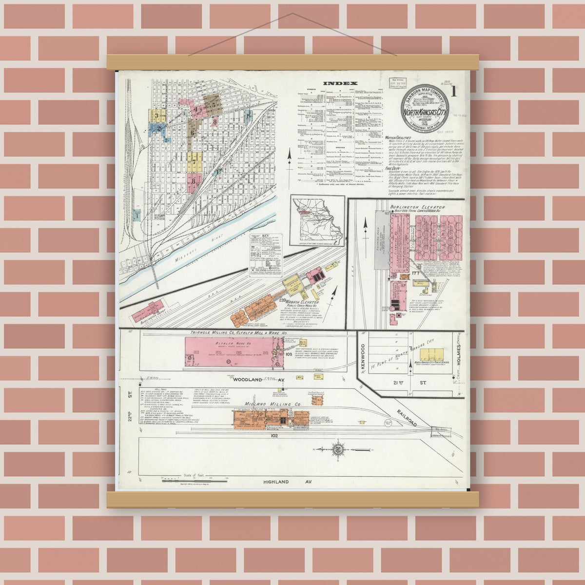 Old map wall art mockup — magnetic wood frame on brick wall — Sanborn Fire Insurance Map from North Kansas City, Clay County, Missouri (1918) - Complete Map Set
