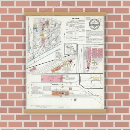Old map wall art mockup — magnetic wood frame on brick wall — Sanborn Fire Insurance Map from North Kansas City, Clay County, Missouri (1918) - Complete Map Set