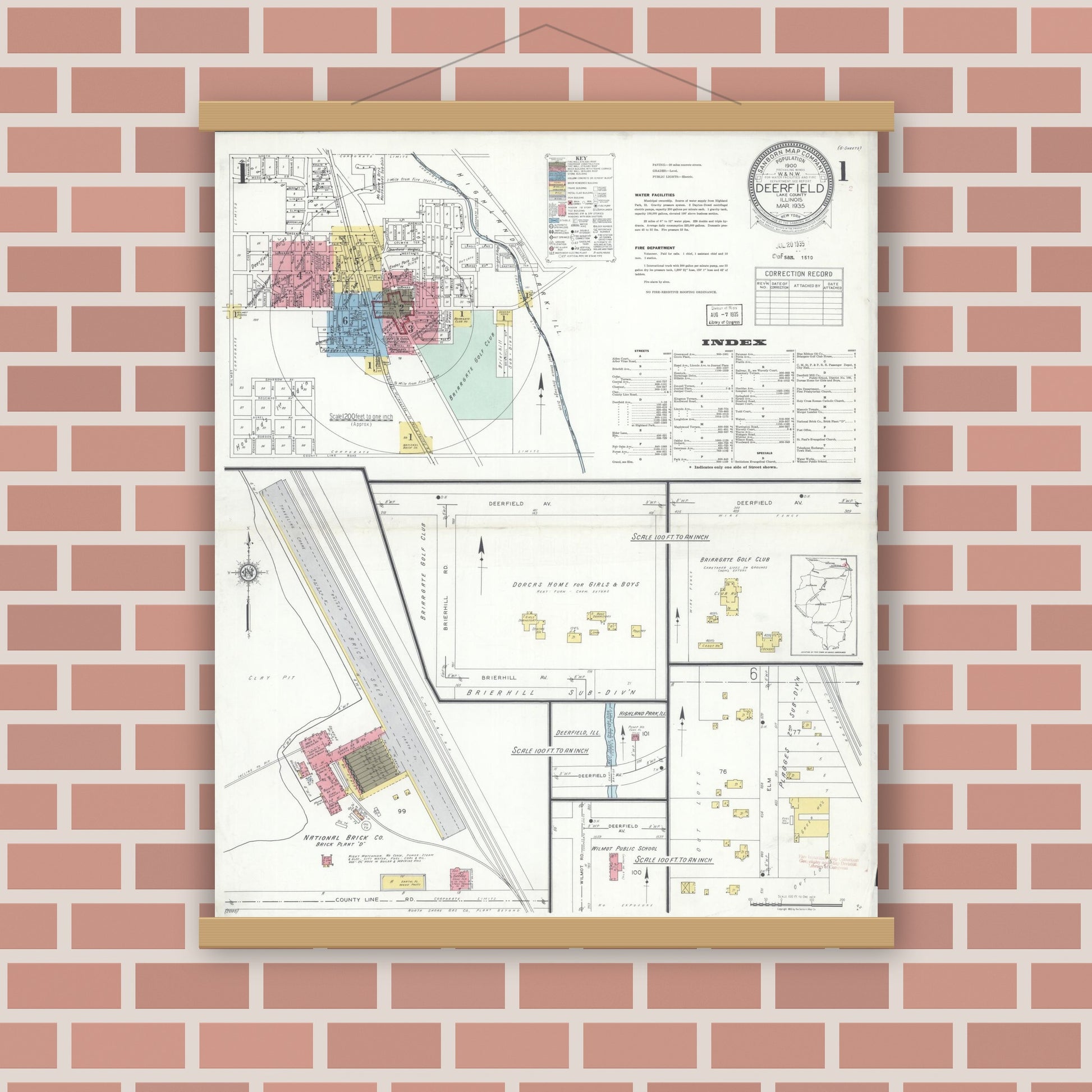 Old map wall art mockup — magnetic wood frame on brick wall — Sanborn Fire Insurance Map from Deerfield, Lake County, Illinois (1935), Sheet #0001