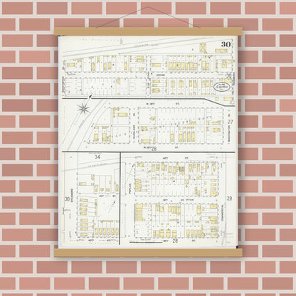 Old map wall art mockup — magnetic wood frame on brick wall — Sanborn Fire Insurance Map from Cairo, Alexander County, Illinois (1907), Sheet #0030