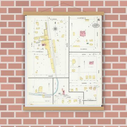 Old map wall art mockup — magnetic wood frame on brick wall — Sanborn Fire Insurance Map from Reed City, Osceola County, Michigan (1908), Sheet #0006